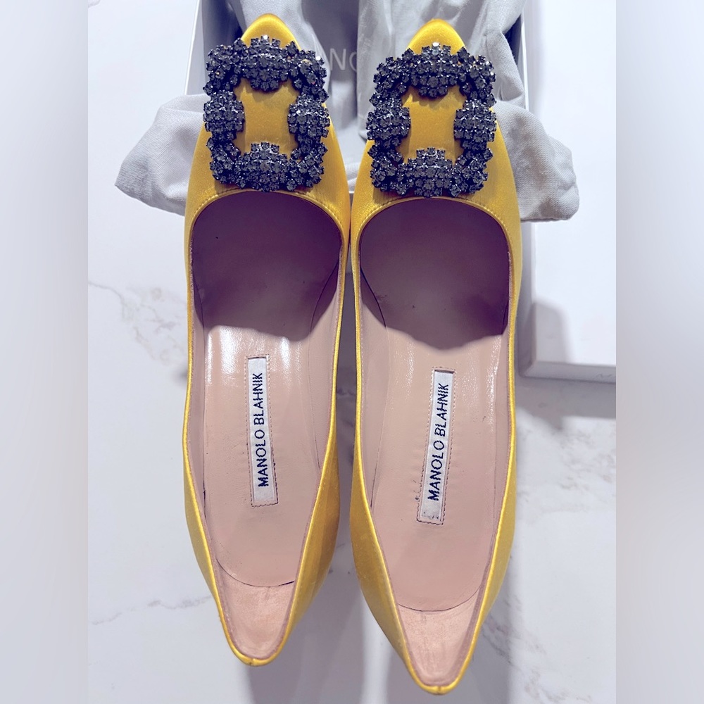 Manolo Blahnik Yellow Satin Hangisi Crystal Buckle Pumps